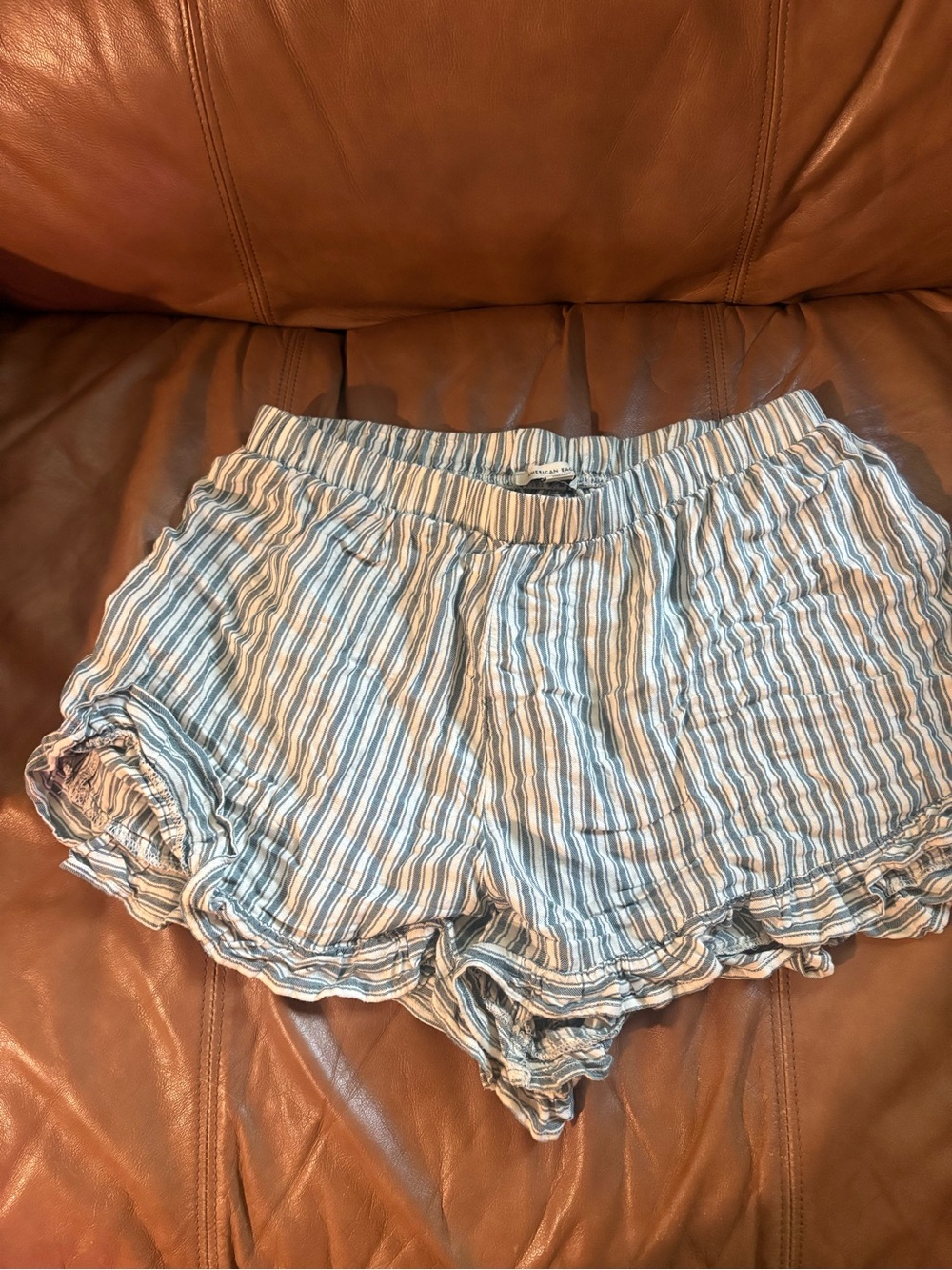 American Eagle Outfitters Blue and White Striped High Waist Ruffle Shorts